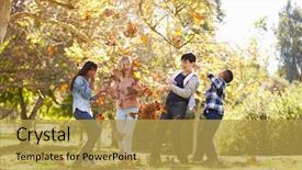  Presentation with fall leaves border autumn - Audience pleasing PPT theme consisting of four children throwing autumn leaves backdrop and a  colored foreground