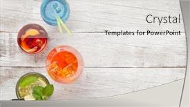  Presentation with lagoon - Presentation design enhanced with four classic cocktail glasses on white wooden table negroni blue lagoon aperol spritz and mojito top view with copy space flat lay background and a light gray colored foreground