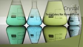  Presentation with conical flasks - Presentation theme enhanced with four conical flasks with green and blue liquid with a white background background and a mint green colored foreground
