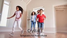  Presentation with holding hands family walking - Theme featuring four doors - family opening door and walking background and a coral colored foreground