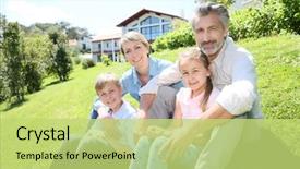  Presentation with home garden - Slide set enhanced with four doors - happy family sitting in home background and a yellow colored foreground