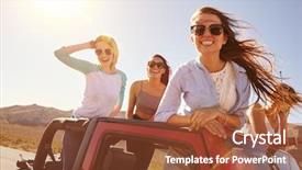  Presentation with road trip - Colorful PPT theme enhanced with four female friends on road trip standing in convertible car backdrop and a tawny brown colored foreground