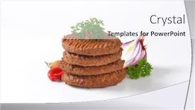  Presentation with burgers - Amazing theme having four flat beef burgers from the grill decorated with herbs and onion backdrop and a sky blue colored foreground