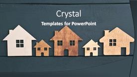  Presentation with flat - Slides having four-flat-wooden-houses-isolated background and a ocean colored foreground