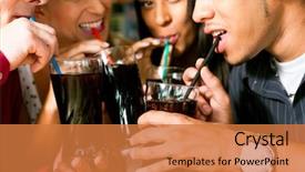  Presentation with soda - PPT theme consisting of four friends drinking soda background and a coral colored foreground