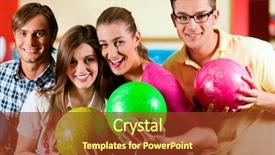  Presentation with group of sports balls - PPT layouts having four friends in a bowling background and a tawny brown colored foreground