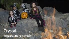  Presentation with campfire - Slide deck consisting of four friends in halloween outfit at campfire background and a gray colored foreground