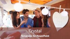  Presentation with talk - PPT theme with four friends on a road trip talk in the back of a camper van background and a tawny brown colored foreground