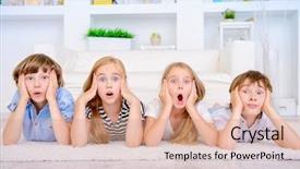 Presentation with children - PPT layouts consisting of wonderful life - four funny children lie background and a coral colored foreground