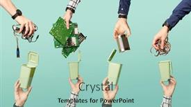  Presentation with waste - Cool new presentation design with four-hands-hold-electrical-waste backdrop and a mint green colored foreground