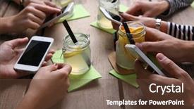  Presentation with retail smart phone - Slide deck consisting of four hands with smart phones background and a tawny brown colored foreground