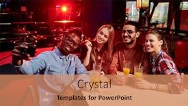  Presentation with friends - Amazing slide set having four-happy-friends-in-casualwear backdrop and a coral colored foreground