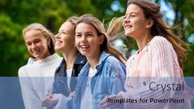  Presentation with teenagers - Colorful PPT theme enhanced with four-happy-teenagers-girls-walking backdrop and a teal colored foreground