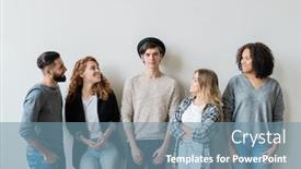  Presentation with teenagers - Audience pleasing presentation theme consisting of four happy teenagers in casualwear looking at their handsome friend wearing black hat beige pullover and dark jeans backdrop and a seafoam green colored foreground