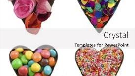  Presentation with heart flowers - Beautiful presentation design featuring four heart shpes filled with candies flowers confetti and cake candies decoration backdrop and a light gray colored foreground
