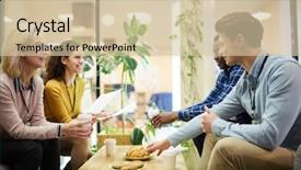  Presentation with intercultural - Slide set with four intercultural colleagues sitting background and a soft green colored foreground