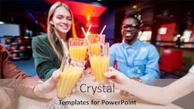  Presentation with orange juice - PPT theme with four-intercultural-young-friends-clinking background and a soft green colored foreground