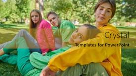  Presentation with green fashion - PPT layouts featuring four-joyful-teengers-in-bright background and a gold colored foreground