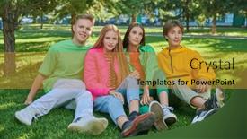  Presentation with green fashion - PPT theme with four-joyful-teengers-in-bright background and a gold colored foreground