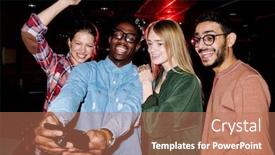  Presentation with women making - PPT theme featuring four-joyful-young-men background and a coral colored foreground