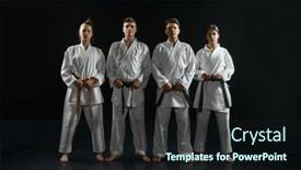  Presentation with group training - Amazing presentation theme having four-karatekas-in-white-kimono backdrop and a wine colored foreground