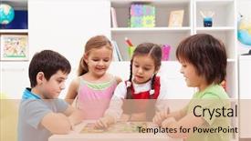  Presentation with board game - PPT theme enhanced with four kids playing board game background and a coral colored foreground