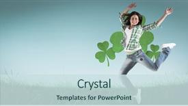  Presentation with sky - Slides having four leaf clover - happy brunette against cloudy sky background and a sky blue colored foreground