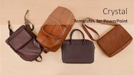 Presentation with leather bag - Presentation theme consisting of four leather men bag on a wooden background background and a coral colored foreground