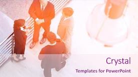  Presentation with five business people standing together and smiling - Amazing slide set having discussion text - businessmen and businesswoman standing together backdrop and a pink colored foreground