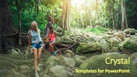  Presentation with tourists - Colorful slide set enhanced with european tourists hiking through jungle backdrop and a tawny brown colored foreground