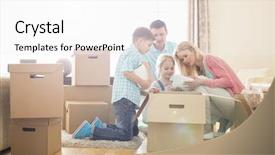  Presentation with doctor a new born and family - Presentation theme having unpacking cardboard boxes at new background and a white colored foreground