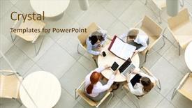  Presentation with low angle view of fictitious - Audience pleasing presentation consisting of high angle view of businesswomen working in office canteen backdrop and a soft green colored foreground