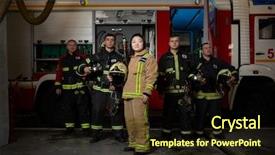  Presentation with fire truck - Amazing PPT theme having four male and female fire backdrop and a wine colored foreground