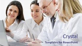  Presentation with monitor computer - Slide deck featuring four medicine workers discuss computer background and a sky blue colored foreground