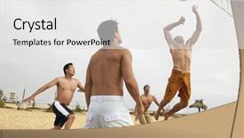  Presentation with beach volleyball - PPT layouts with four multiethnic men playing volleyball background and a light gray colored foreground