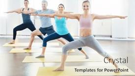  Presentation with warrior - PPT theme having four-people-in-yoga-class background and a soft green colored foreground
