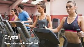  Presentation with machines - Amazing PPT layouts having four people on step machines backdrop and a  colored foreground