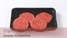  Presentation with hamburger - Presentation with four raw hamburger patties on black plastic tray background and a red colored foreground
