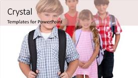  Presentation with backpacks - Beautiful presentation design featuring school dropout - four schoolchildren with backpacks backdrop and a soft green colored foreground