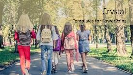  Presentation with walking - Audience pleasing PPT layouts consisting of four schoolgirls with schoolbags walking backdrop and a coral colored foreground