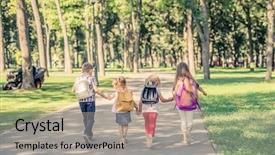  Presentation with four anchors - Slide set with four schoolgirls with schoolbags walking background and a mint green colored foreground