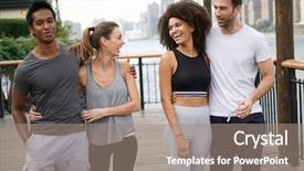  Presentation with group of people - Cool new slide deck with four sessons - group of atheltic people having backdrop and a coral colored foreground