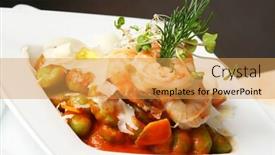  Presentation with shrimps - Presentation theme enhanced with four shrimps with caper and artichoke on the table background and a yellow colored foreground