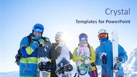  Presentation with snow day - Slide deck featuring four sportsmen in helmet and with snowboards in their hands at snow resort on winter day background and a sky blue colored foreground