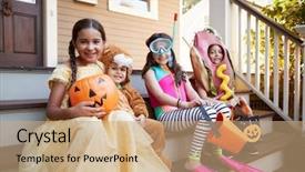  Presentation with halloween - Colorful PPT layouts enhanced with four steps - children wearing halloween costumes backdrop and a coral colored foreground