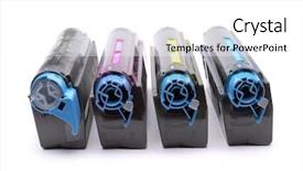  Presentation with black yellow color - Cool new PPT layouts with four used laser printer toner backdrop and a white colored foreground