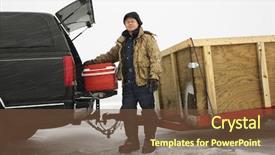  Presentation with going green - Slide deck featuring four wheel drive - caucasian man unloading cooler background and a tawny brown colored foreground