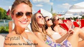  Presentation with sun tanning - Audience pleasing theme consisting of four woman lying on beach lounger tanning in the sun backdrop and a coral colored foreground