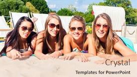  Presentation with sun tanning - Presentation theme with four woman lying on beach sand tanning in the sun background and a lemonade colored foreground