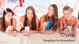  Presentation with sun tanning - Slide set having four woman lying in the sand on the beach drinking fancy cocktails and tanning in the sun background and a lemonade colored foreground